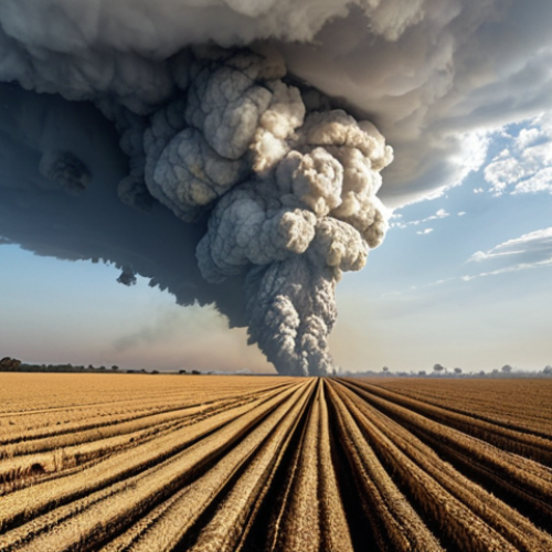 Home 23 **Climate Engineering Risks:** A dramatic landscape showing a hazy sky partially blocked by artificial means (like SRM), with negative impacts on agriculture (withered crops) and disrupted ecosystems. Emphasize the unexpected environmental changes.