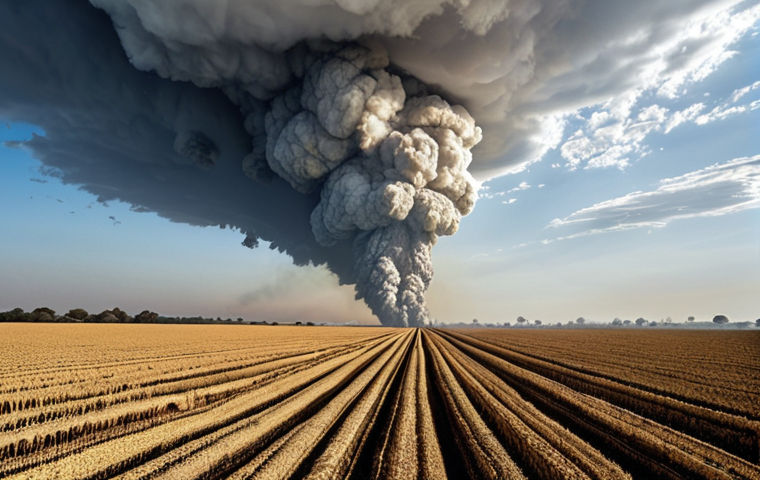 **Climate Engineering Risks:** A dramatic landscape showing a hazy sky partially blocked by artificial means (like SRM), with negative impacts on agriculture (withered crops) and disrupted ecosystems. Emphasize the unexpected environmental changes.