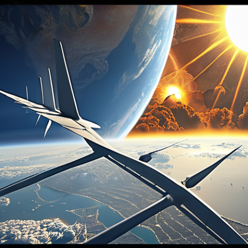 Home 22 A visual representation of Geo-engineering, showing both Solar Radiation Management (e.g., Stratospheric Aerosol Injection reflecting sunlight) and Carbon Dioxide Removal (e.g., Direct Air Capture) technologies working in tandem to combat climate change. Emphasize the technological aspects and global scale.