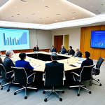 A diverse group of professionals from various ethnicities, including scientists, policymakers, and community leaders, engaged in a serious and collaborative discussion around a large, modern conference table. They are wearing modest business suits and appropriate professional attire. The background is a sophisticated, well-lit conference room with large digital displays showing abstract data visualizations related to global climate. The atmosphere is one of focused problem-solving and international cooperation. perfect anatomy, correct proportions, natural pose, well-formed hands, proper finger count, natural body proportions, professional photography, high quality, safe for work, appropriate content, fully clothed, professional, family-friendly.