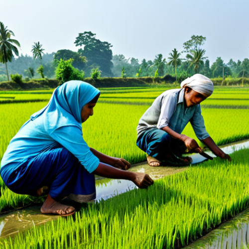 Home 20 **
"A group of fully clothed local villagers in Bangladesh are working together on a community garden, using traditional methods and modern, eco-friendly tools. The scene is set against a backdrop of lush green rice paddies and a clear blue sky. Safe for work, appropriate content, professional, modest clothing, perfect anatomy, correct proportions, natural pose, well-formed hands, proper finger count, natural body proportions, high quality, professional photography, family-friendly, sustainable farming."
**