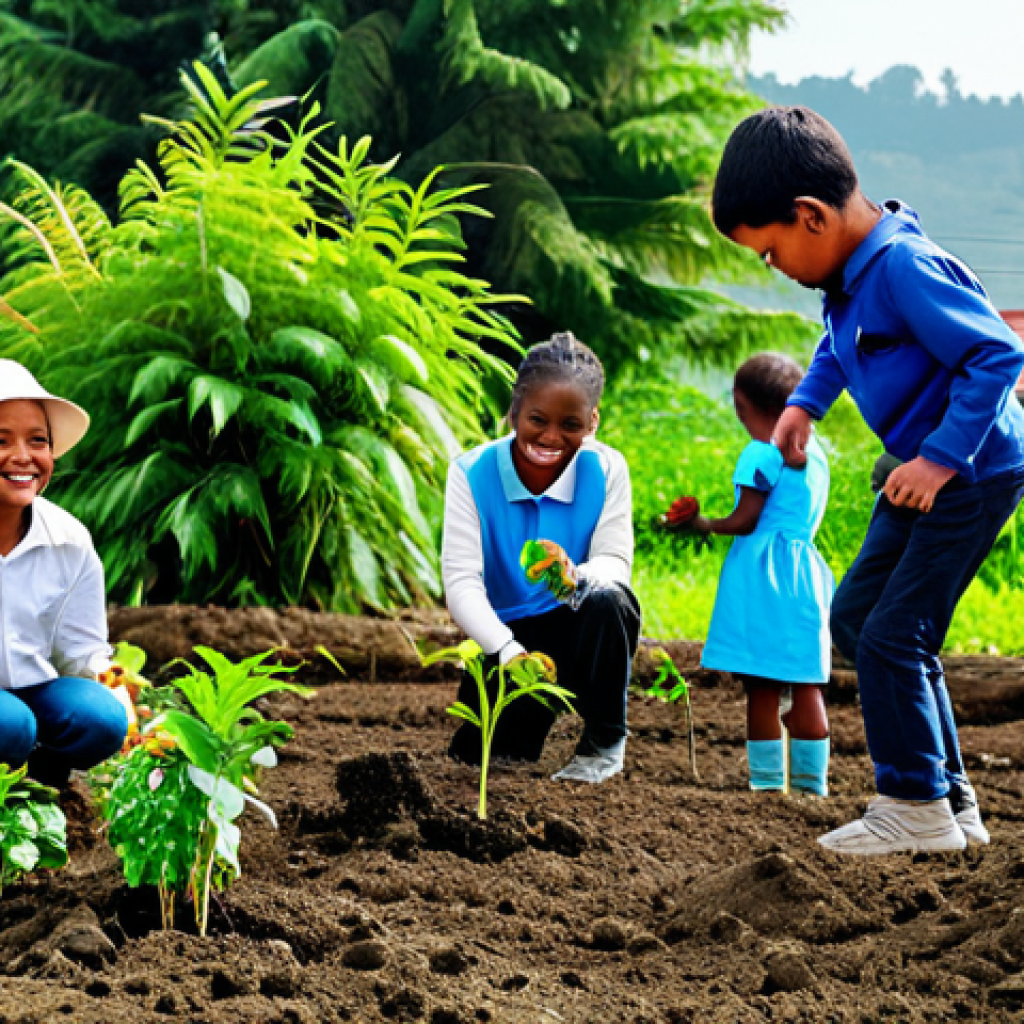 **

"A diverse group of people planting trees in a deforested area, symbolizing environmental restoration and community action. Background: a cityscape blending with nature, showcasing sustainable development.  Foreground: happy children watching the planting.  Safe for work, appropriate content, fully clothed, professional, family-friendly, perfect anatomy, correct proportions, natural pose.  High quality, detailed, hopeful atmosphere."

**