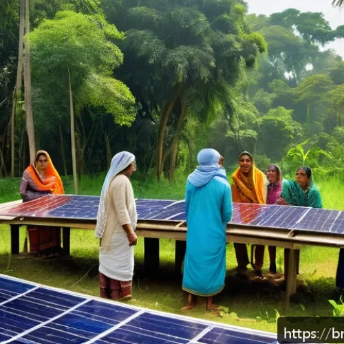 Home 33 기후 엔지니어링의 생태적 지속 가능성과 윤리 - A detailed scene of a Bengali rural community actively participating in a climate technology project...