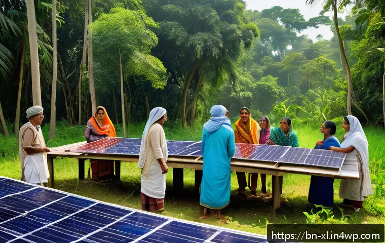 기후 엔지니어링의 생태적 지속 가능성과 윤리 - A detailed scene of a Bengali rural community actively participating in a climate technology project...