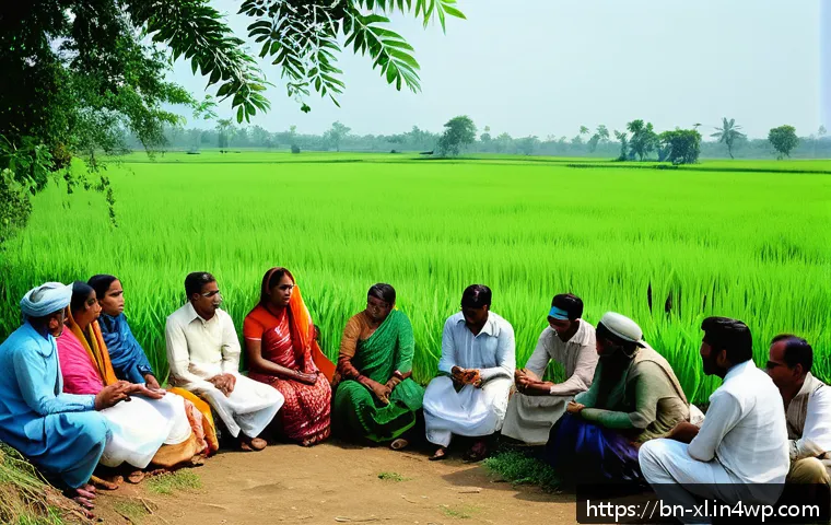 기후 엔지니어링의 국제 협약과 윤리적 기준 - A detailed, realistic scene showing a diverse group of Bengali villagers gathered in a rural setting...