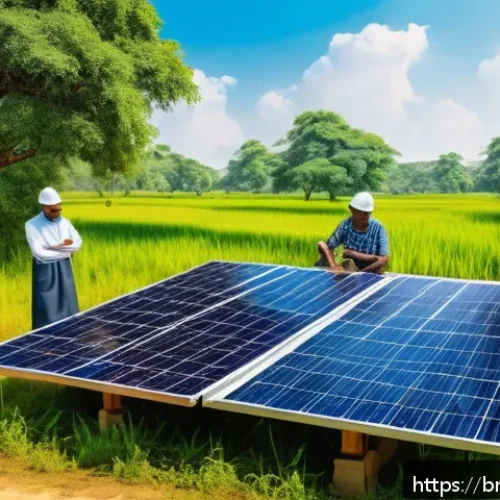 Home 31 기후 엔지니어링의 프로젝트 관리와 윤리 - A detailed illustration of a solar energy project site in a lush Bengali rural setting, showing engi...