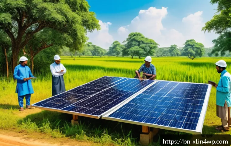 기후 엔지니어링의 프로젝트 관리와 윤리 - A detailed illustration of a solar energy project site in a lush Bengali rural setting, showing engi...