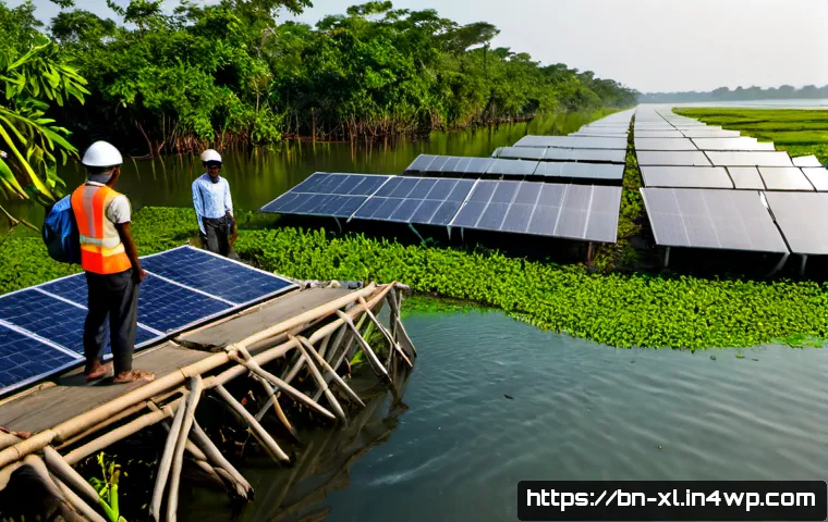 Home 17 기후 엔지니어링의 실천과 윤리적 원칙 - Photorealistic coastal climate engineering field site in Bangladesh, Bangladeshi engineers in safety...