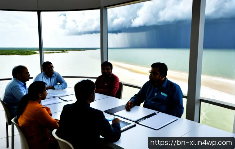 기후 엔지니어링의 위험 평가 및 윤리 - Photorealistic climate engineering risk assessment meeting in a modern coastal research center, dive...